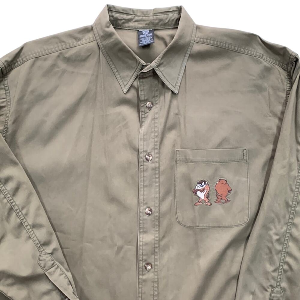 Men’s Vintage Warner Bros Tasmanian Devil Kaki Button Down Shirt XL Embroidered